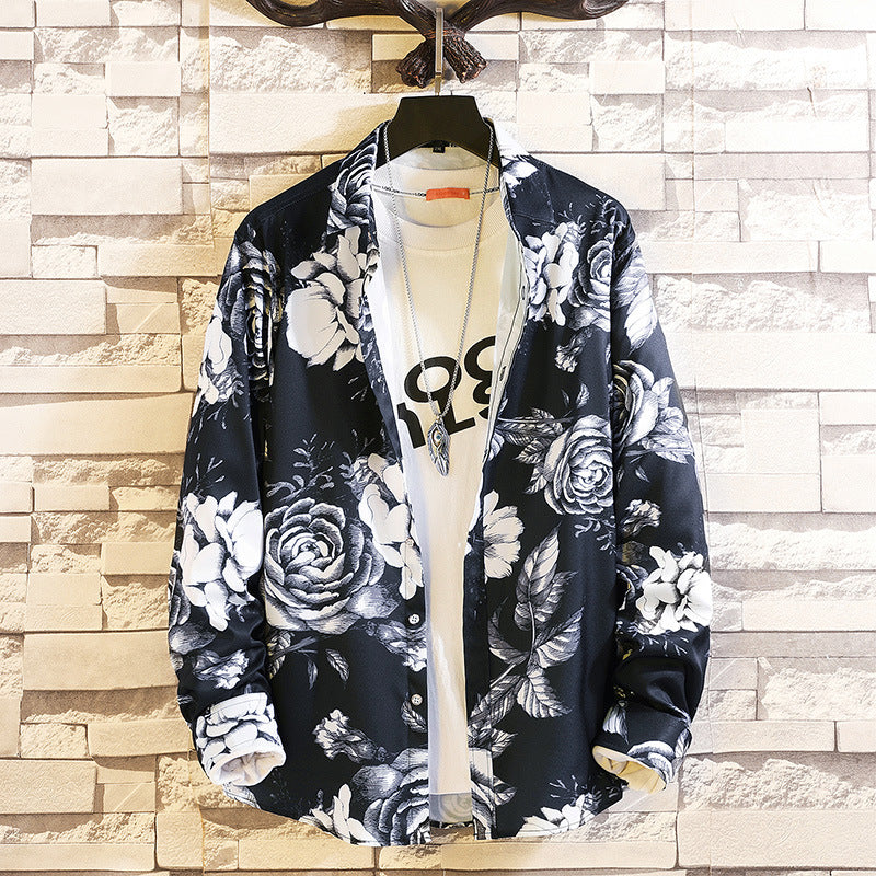 Herren nan langärmliges Hemd mit offenem Reverskragen, kontrastivem Blumenprint und lässiger Regular-Fit Silhouette Drune
