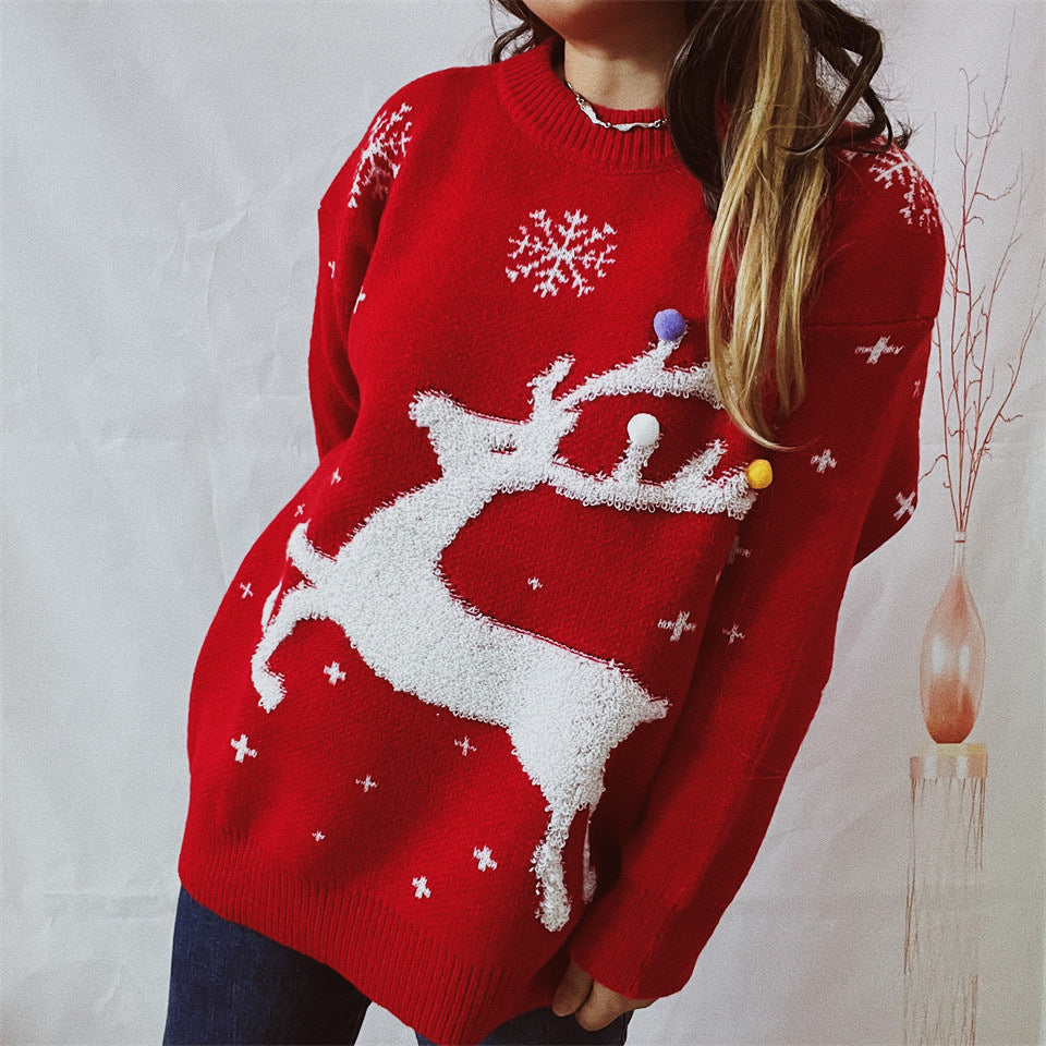 Damen festlicher Pullover mit kreativem Rentier-Motiv und strukturiertem Strick Drune