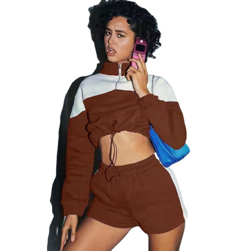 Damen Cropped Sportanzug mit hohem Kragen und Kordelzug Drune