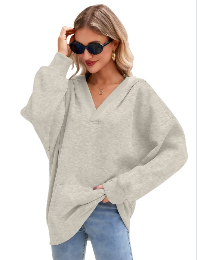 Damen Oversize V-Ausschnitt Hoodie mit Kapuze, Kängurutasche und verlängertem Saum Drune