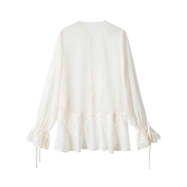 Damen Boho-Spitzenbluse mit Volants, langen Rüschenärmeln und Bindebändern Drune