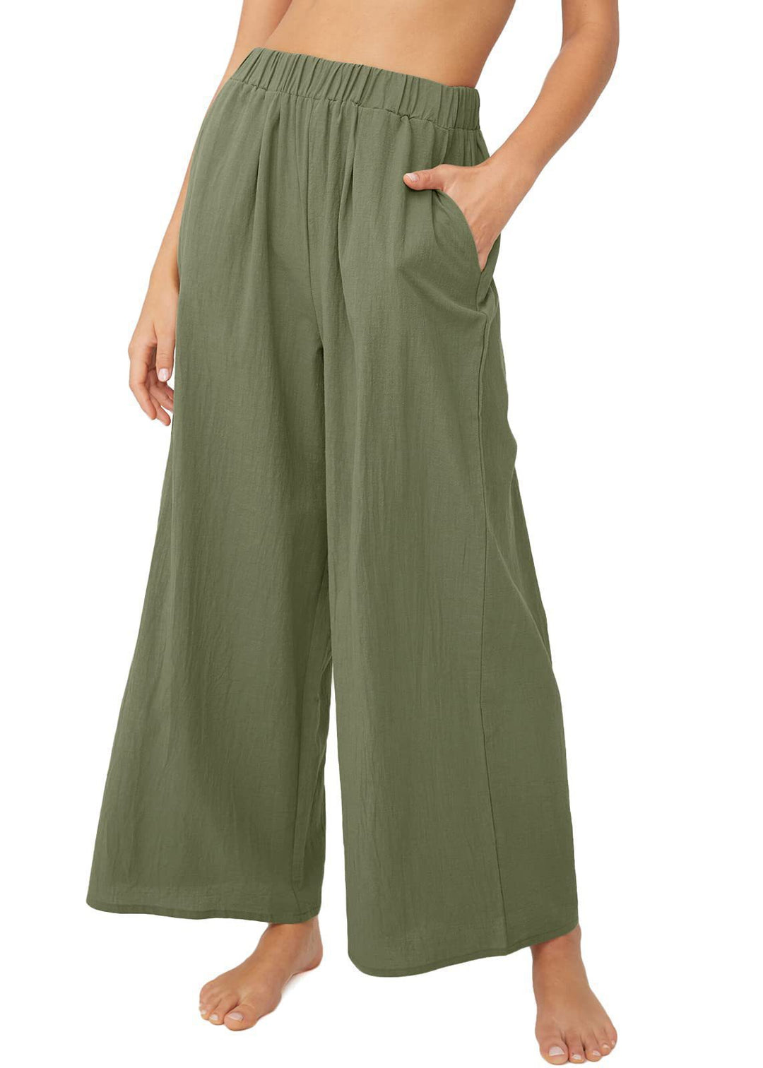 Damen Leichte Palazzo-Hose mit weitem Bein, elastischem Bund und Eingrifftaschen Drune