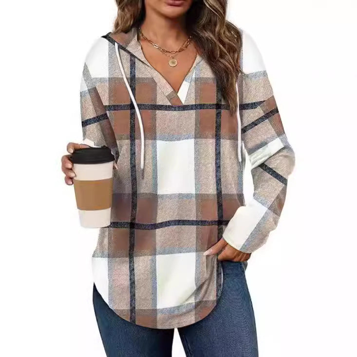 Damen lässige Karobluse mit Kapuze Drune