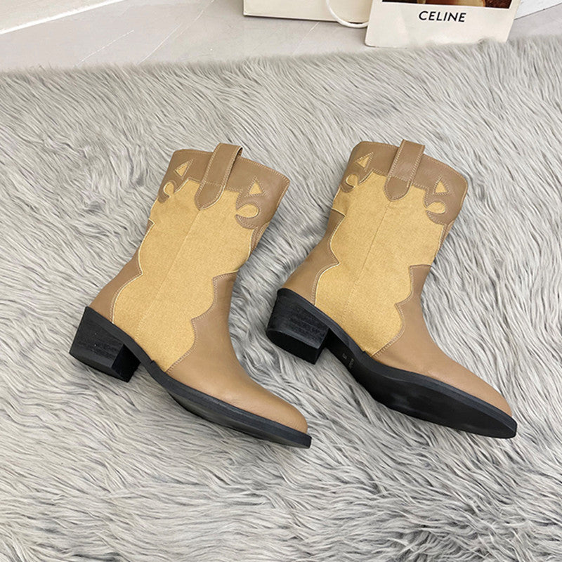 Damen Stiefeletten im Cowboy-Stil mit einzigartigem Design und kompaktem Absatz Drune