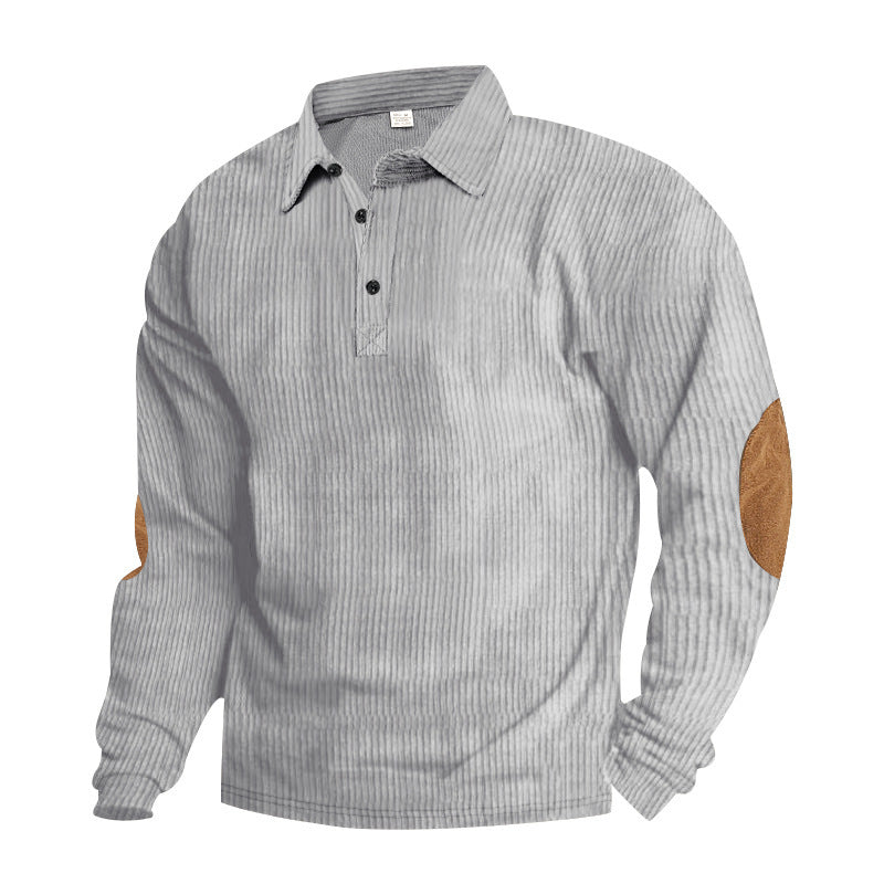 Herren nan schwerer gerippter Baumwoll-Polo-Pullover mit Kentkragen dreifach-Knopfleiste und Wildleder-Ellenbogenpatches Drune