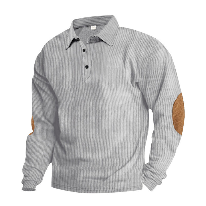 Herren nan schwerer gerippter Baumwoll-Polo-Pullover mit Kentkragen dreifach-Knopfleiste und Wildleder-Ellenbogenpatches Drune