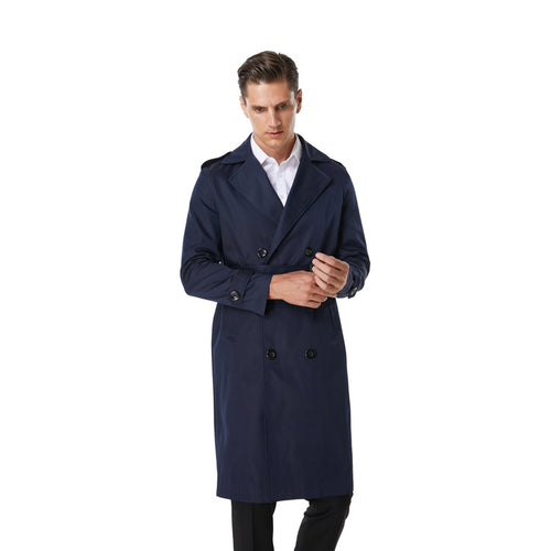 Herren Knielanger Trenchcoat im klassischen Doppelreiher mit Schulterklappen und Taillengürtel Drune
