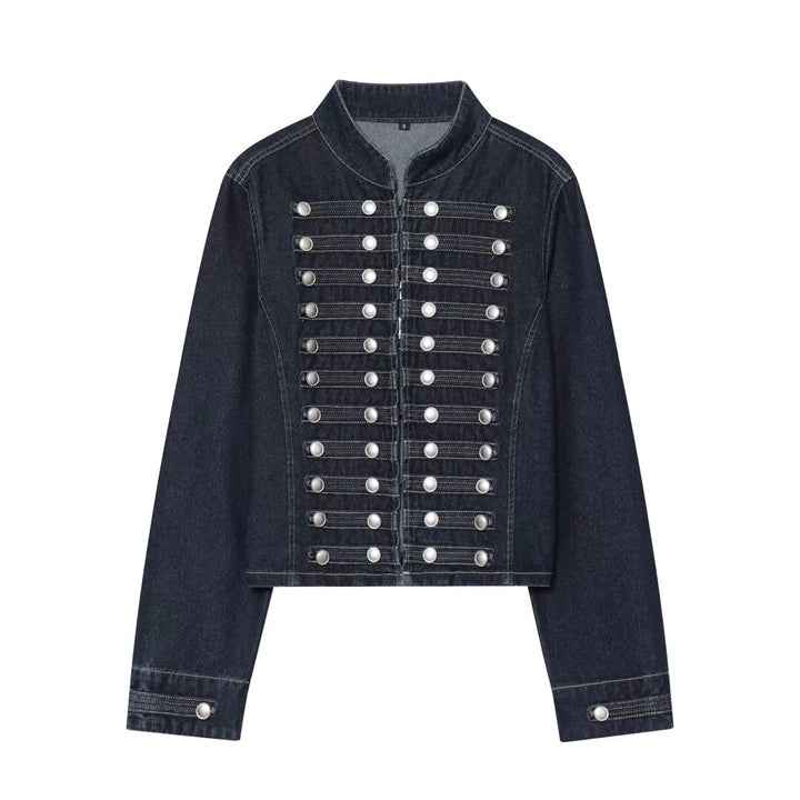 Damen Cropped Denim‑Blouson im Frackstil mit dekorativen Reihenknöpfen Drune