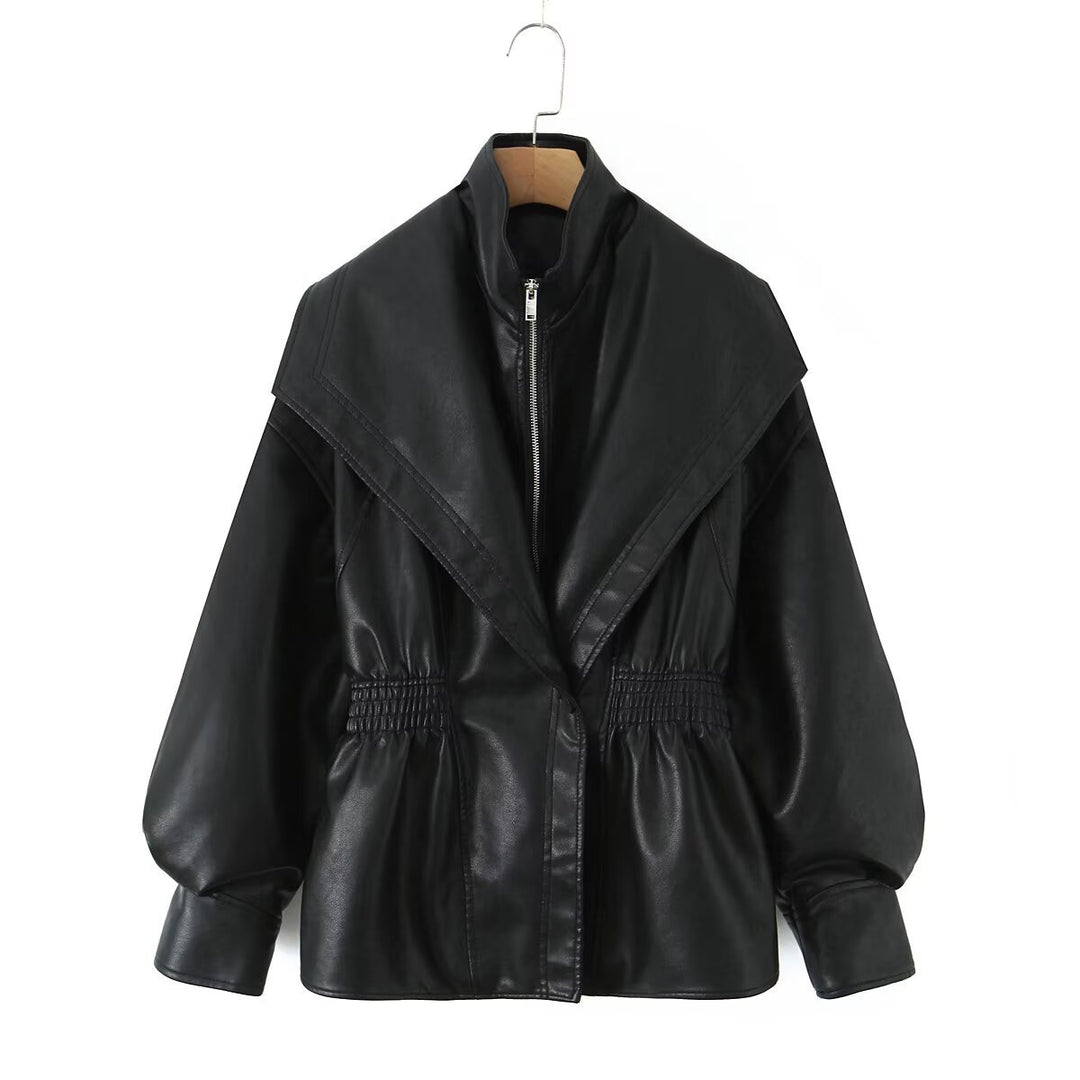 Damen Kunstlederjacke mit asymmetrischem Kragen und tailliertem Schnitt Drune