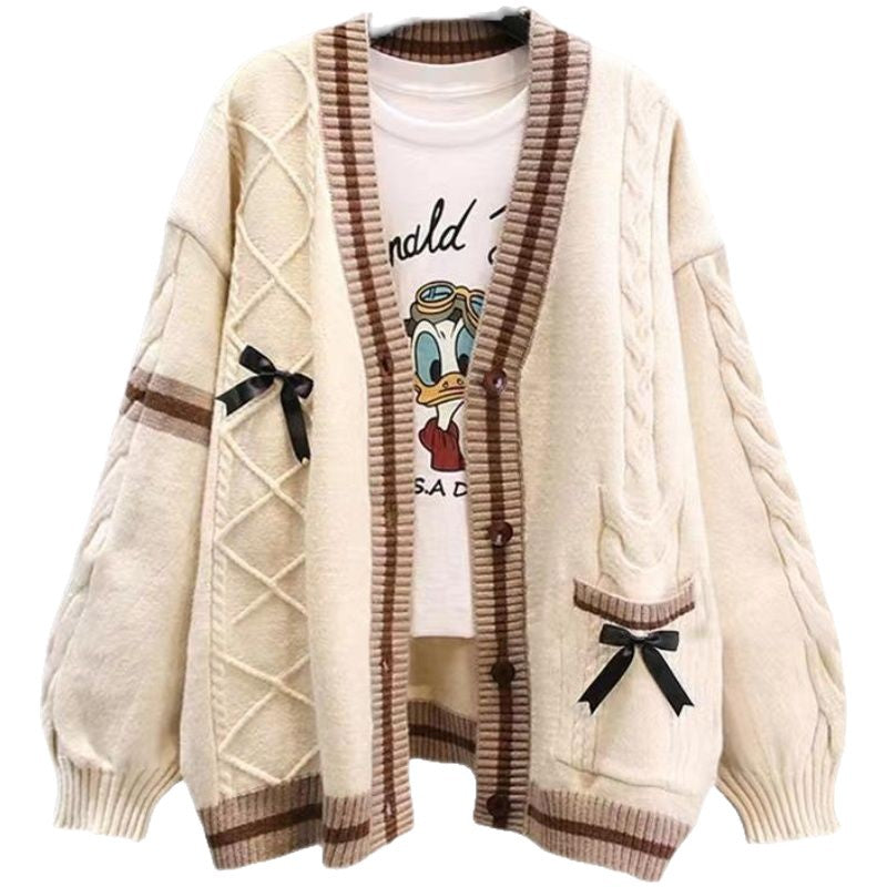 Damen Modischer Strickcardigan mit Zopfmuster und dekorativen Schleifen Drune