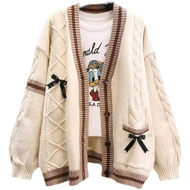 Damen Modischer Strickcardigan mit Zopfmuster und dekorativen Schleifen Drune