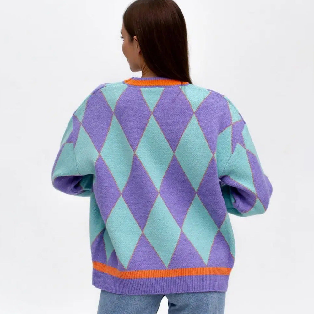 Damen Grobstrickpullover mit diamantförmigem Muster und lebendigen Farbakzenten Drune