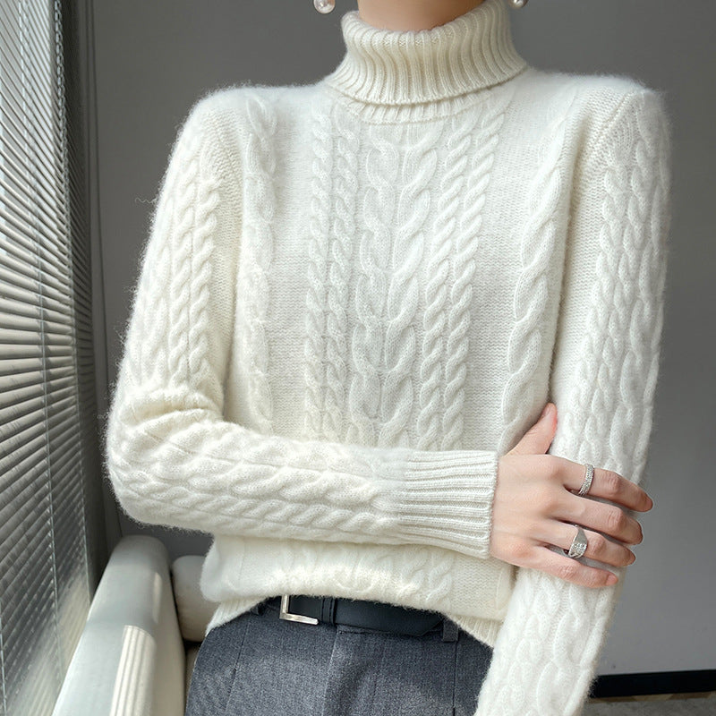 Damen hochgeschlossenes Strickpullover mit Zopfmuster und weichem Material Drune