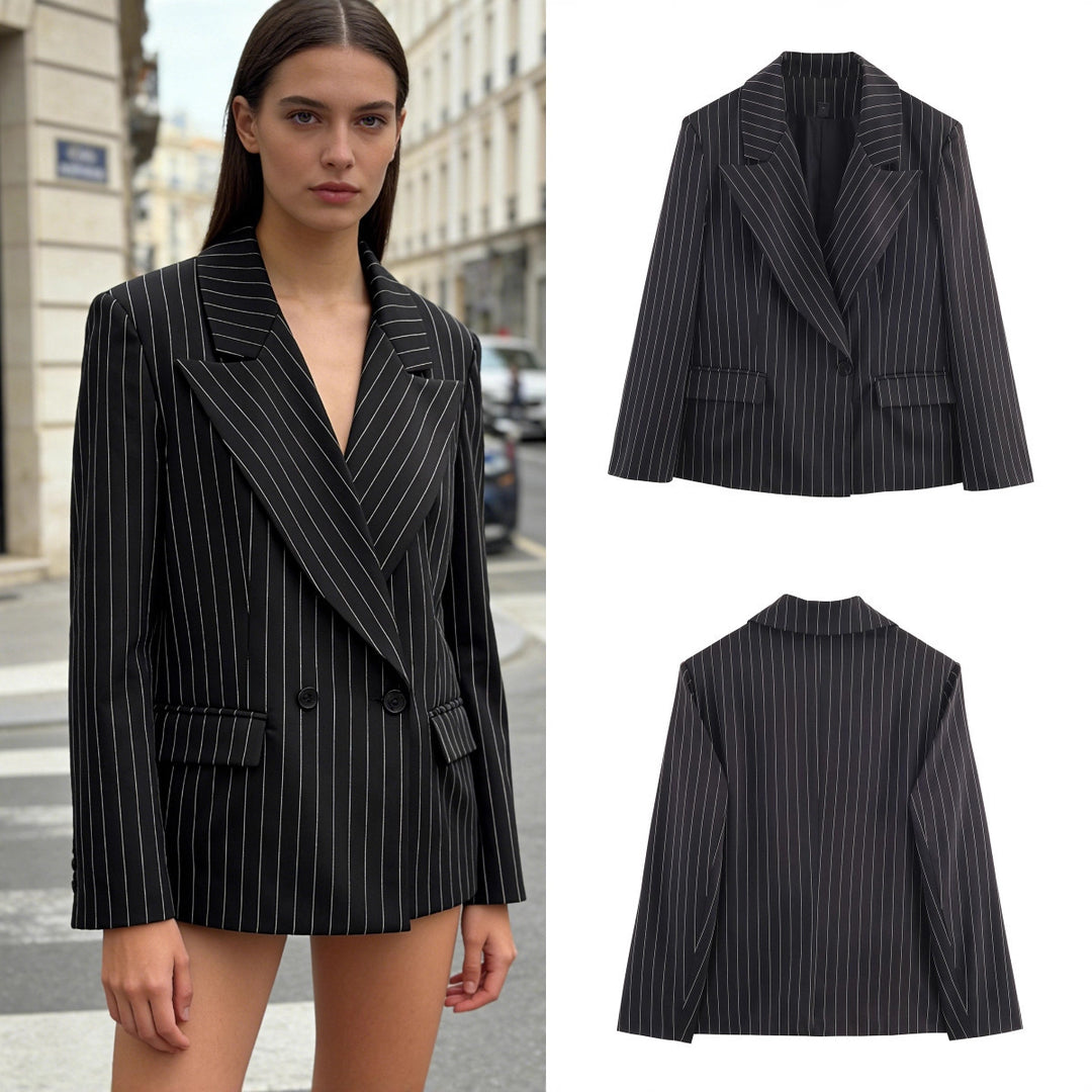 Damen Nadelstreifen-Blazer mit weitem Revers, Ein-Knopfverschluss und Pattentaschen Drune