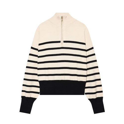 Damen Gestreifter Cropped Strickpullover mit halbem Reißverschluss und Stehkragen Drune