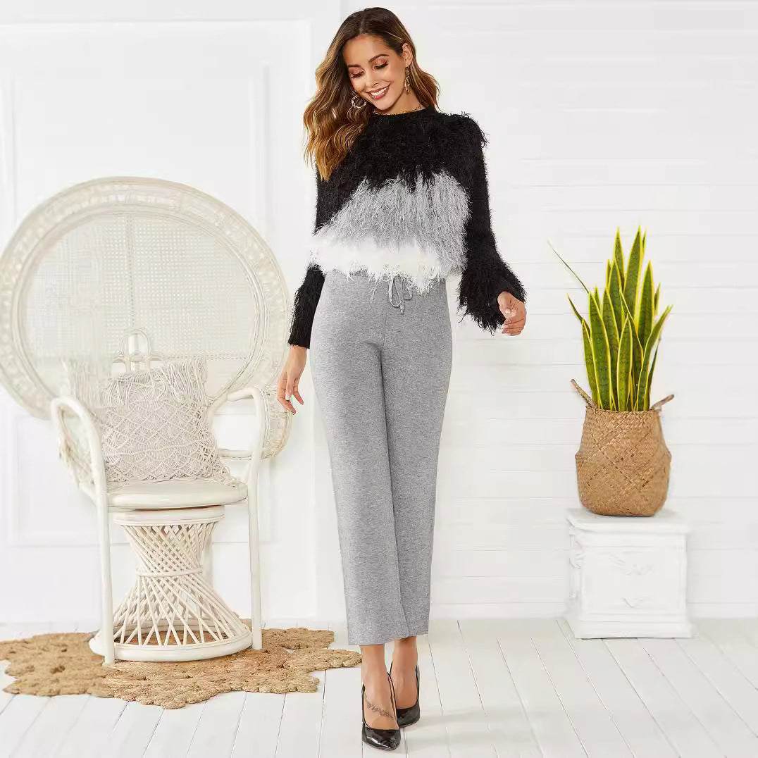 Damen Loungy Strickhose mit elastischem Bund und Kordelzug Drune