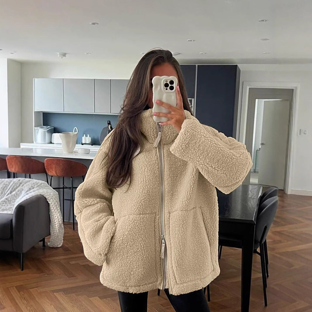 Drune | Teddy-Mantel - Weicher Schaffell-Look - Oversized Passform - Hoher Kragen - Reißverschlussverschluss