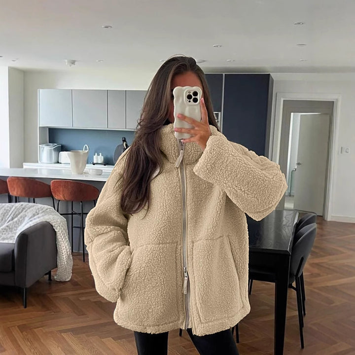 Drune | Teddy-Mantel - Weicher Schaffell-Look - Oversized Passform - Hoher Kragen - Reißverschlussverschluss