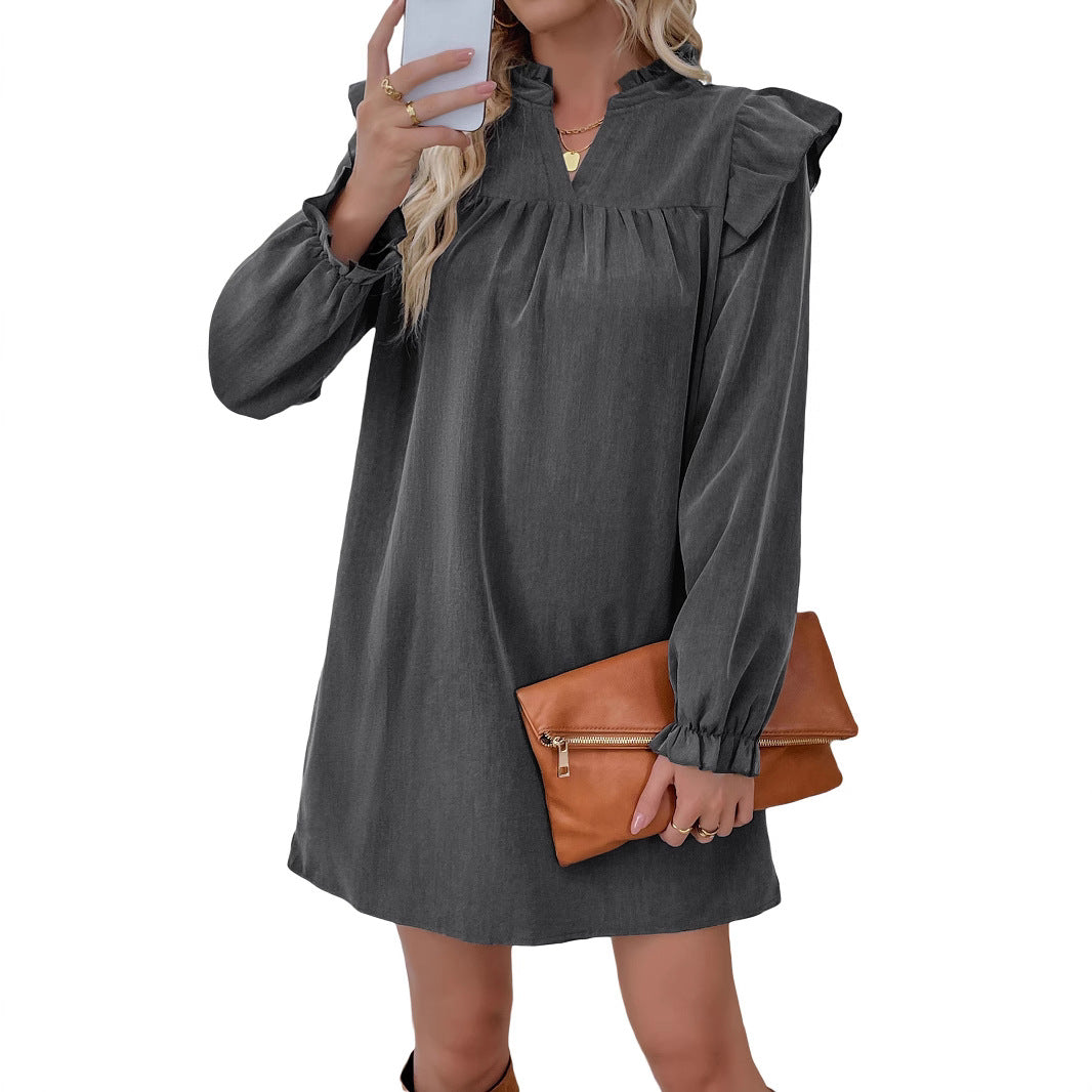 Damen Volant-Hemdkleid mit geraffter Passe, Stehkragen und elastischen Manschetten Drune
