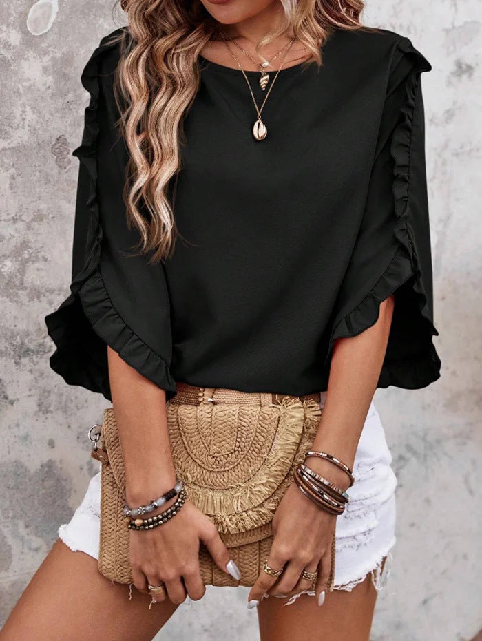 Damen Leichtes Rüschen‑Cape‑Top mit weitem Fledermausärmel Drune
