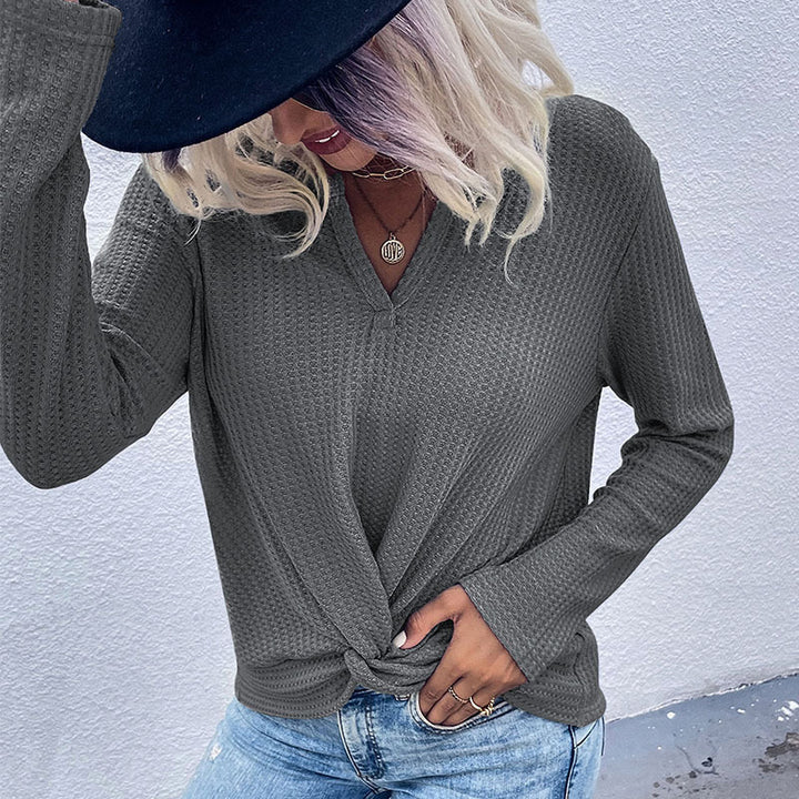 Damen Waffelstrick-Longsleeve mit V‑Ausschnitt und Knotenfront Drune