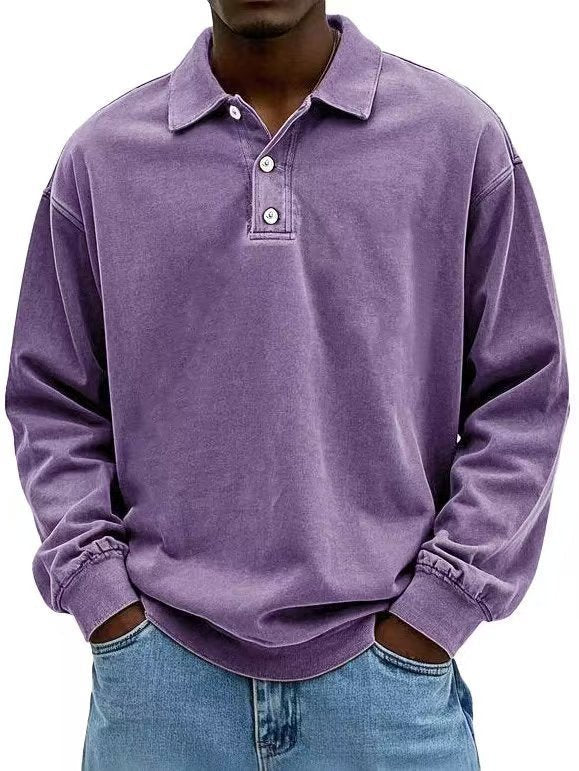 Herren nan lässiges Poloshirt-Sweatshirt mit Kragen, Vintage-Waschung und dreiteiliger Knopfleiste Drune