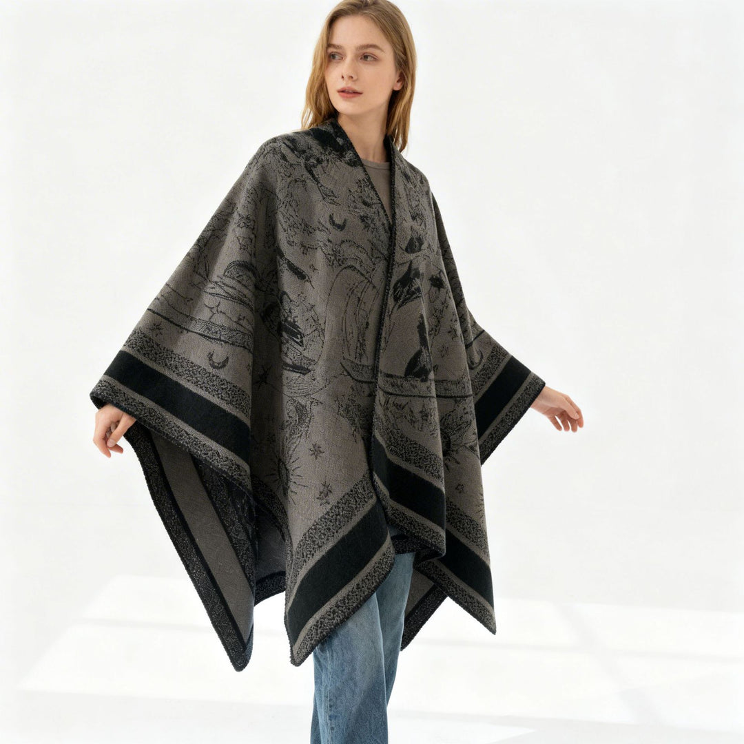 Damen Oversize-Jacquard-Capeponcho aus Wollmix mit V-Ausschnitt und himmlischem Motiv Drune