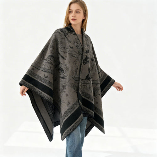 Damen Oversize-Jacquard-Capeponcho aus Wollmix mit V-Ausschnitt und himmlischem Motiv Drune