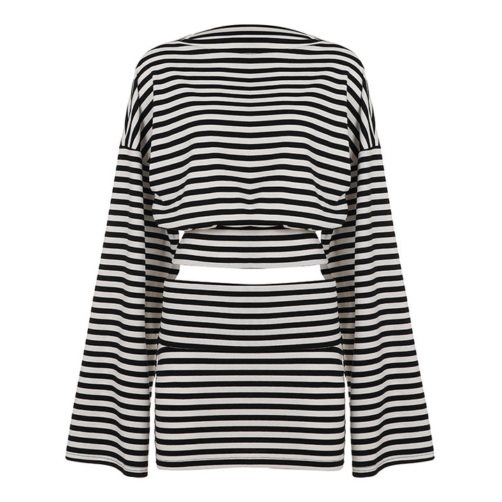 Damen nan gestreiftes Cut-Out-Longsleeve mit weitem Arm und taillierter Schichtung Drune
