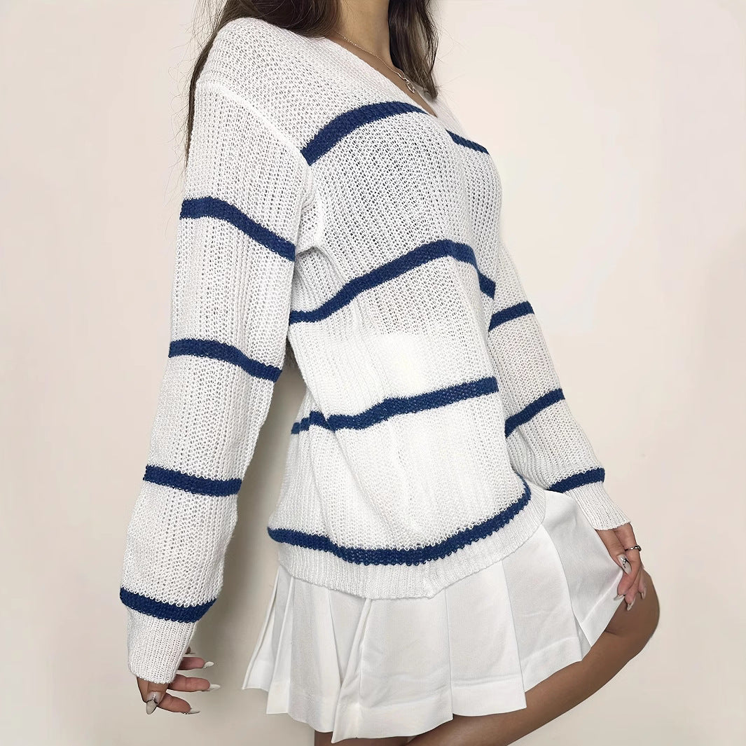 Damen lässiger Strickpullover mit Streifen Drune