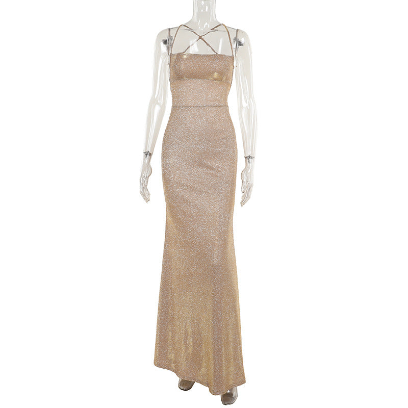 Damen figurbetontes Glitzer-Maxikleid mit Spaghettiträgern und seitlichen Raffungselementen Drune
