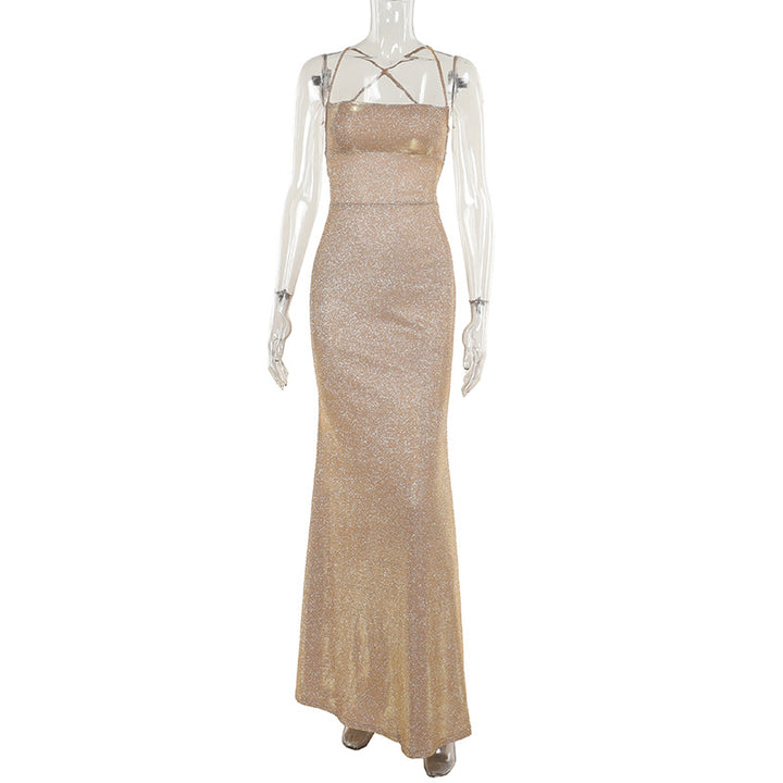 Damen figurbetontes Glitzer-Maxikleid mit Spaghettiträgern und seitlichen Raffungselementen Drune