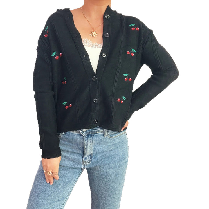 Damen verspielte Strickjacke mit Kirschenmotiv und Rüschenkragen Drune