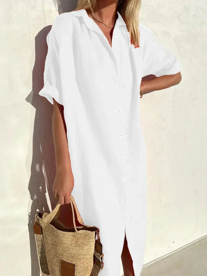 Drune | Knopfkleid mit Weitem Ausschnitt und Schmalen Ärmeln, Elegant und Locker, für Frauen Baumwoll- und Leinenkleider