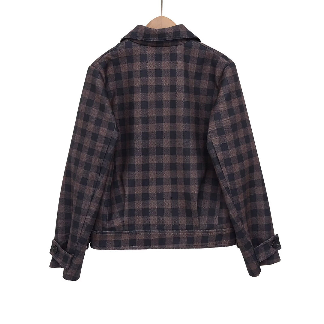 Damen Kurze Doppelreiher-Jacke im Karo-Design mit Reverskragen und Taillenbund Drune