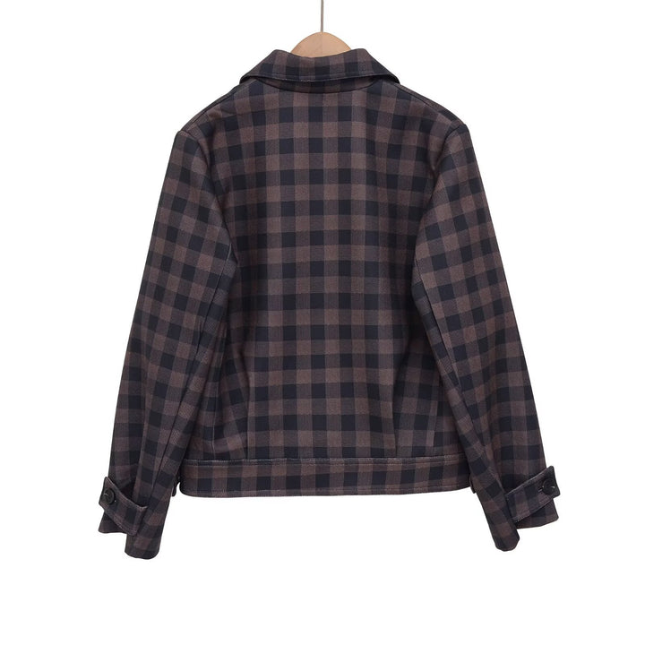 Damen Kurze Doppelreiher-Jacke im Karo-Design mit Reverskragen und Taillenbund Drune