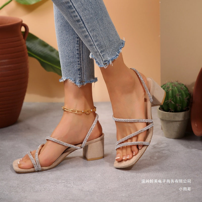 Damen Elegante Sandalen mit funkelnden Riemen und blockiertem Absatz Drune
