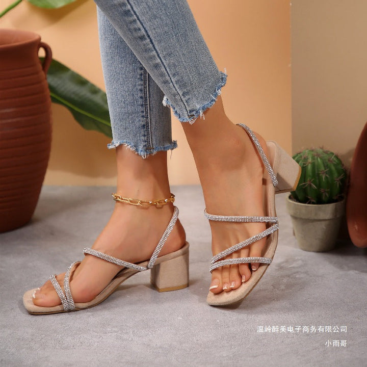 Damen Elegante Sandalen mit funkelnden Riemen und blockiertem Absatz Drune