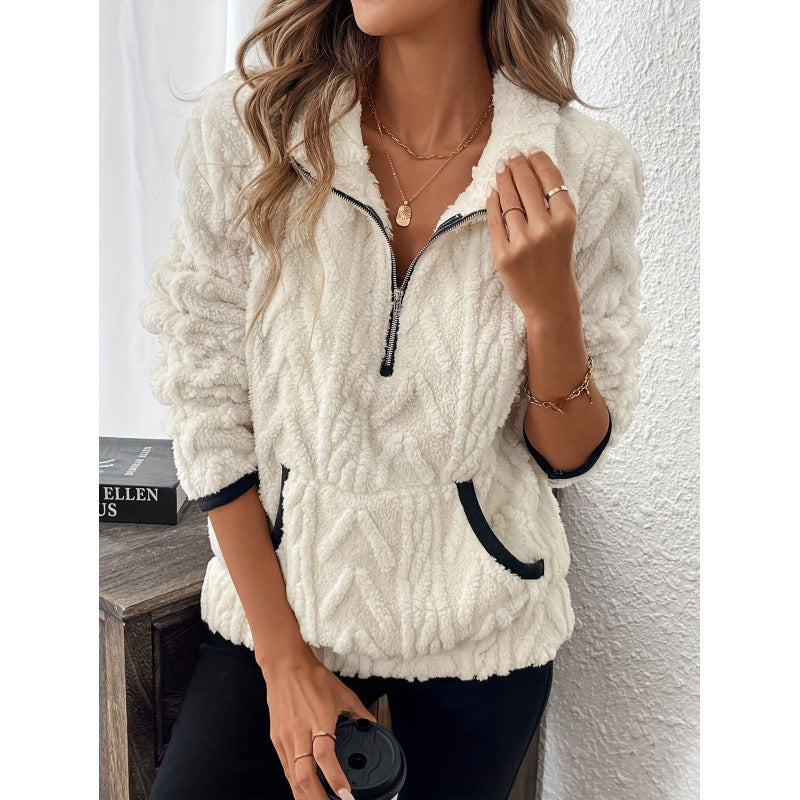 Damen flauschiger Teddy-Pullover mit halbem Reißverschluss und hohen Kragen Drune