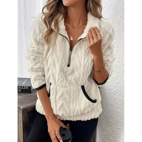 Damen flauschiger Teddy-Pullover mit halbem Reißverschluss und hohen Kragen Drune