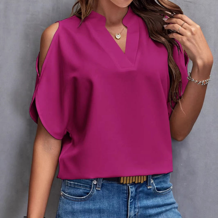 Damen Schulterfreie Chiffonbluse mit V-Ausschnitt und Stehkragen Drune