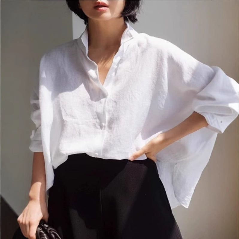 Damen Oversize-Leinenbluse mit geraffter Rückenpasse und krempelbaren Ärmeln Drune