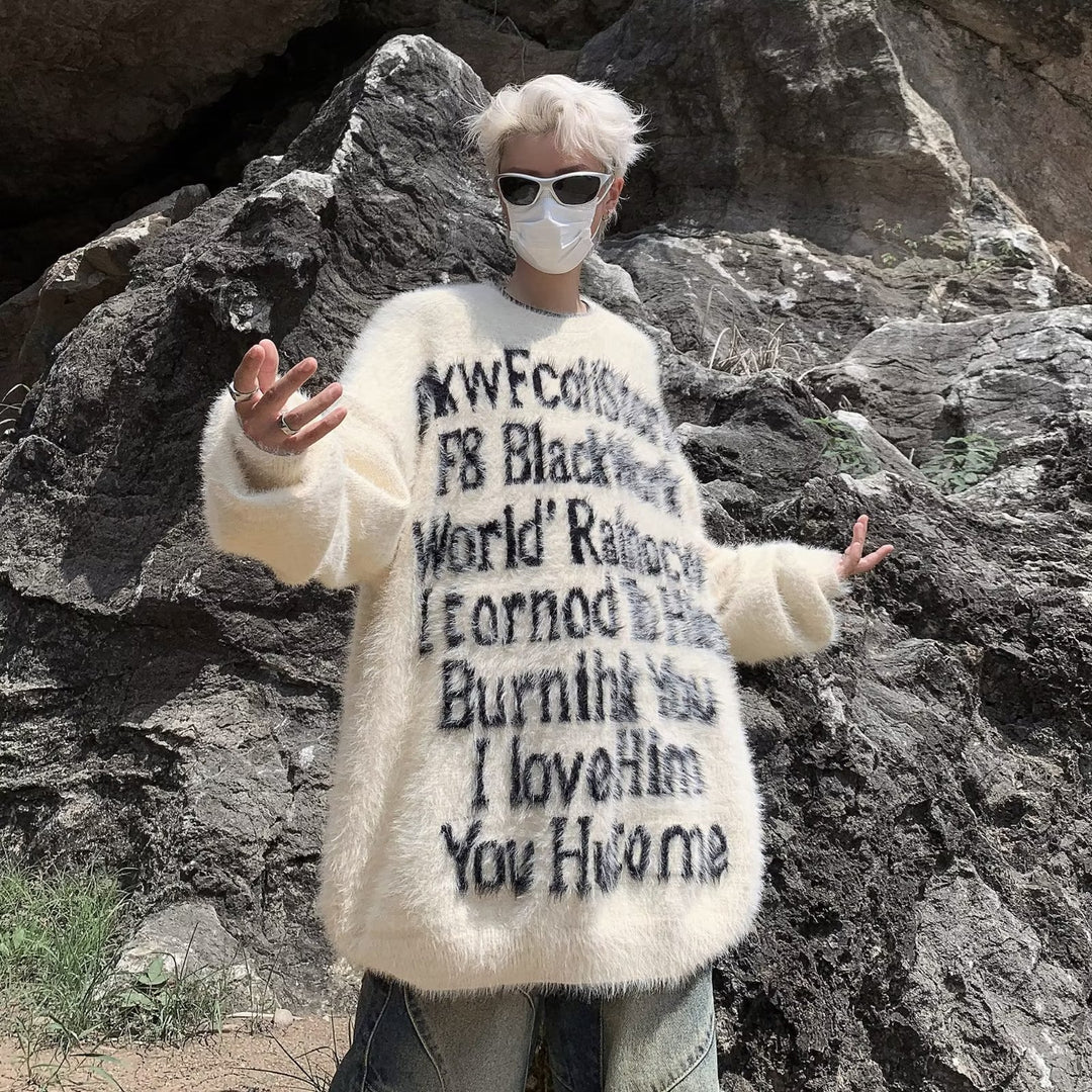 Unisex Oversized Strickpullover mit kreativem Schriftzug und gemütlichem Schnitt Drune