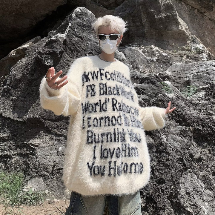 Unisex Oversized Strickpullover mit kreativem Schriftzug und gemütlichem Schnitt Drune