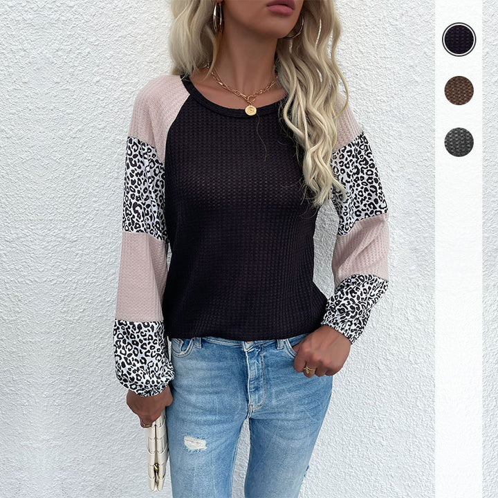 Damen Lässiges Waffelstrick-Shirt mit Raglanärmeln, Colorblock und Leo‑Einsätzen Drune