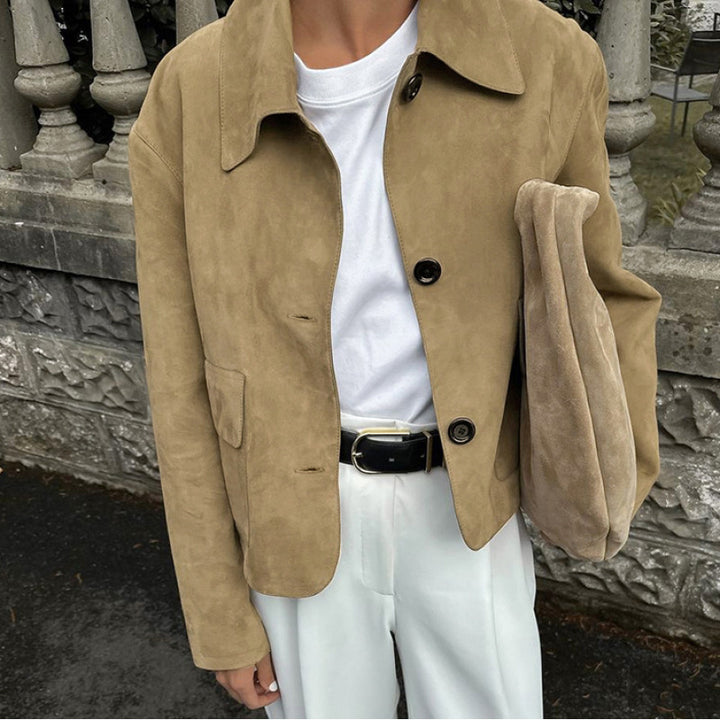 Damen modische Wildlederjacke mit praktischen Taschen und klassischem Kragen Drune