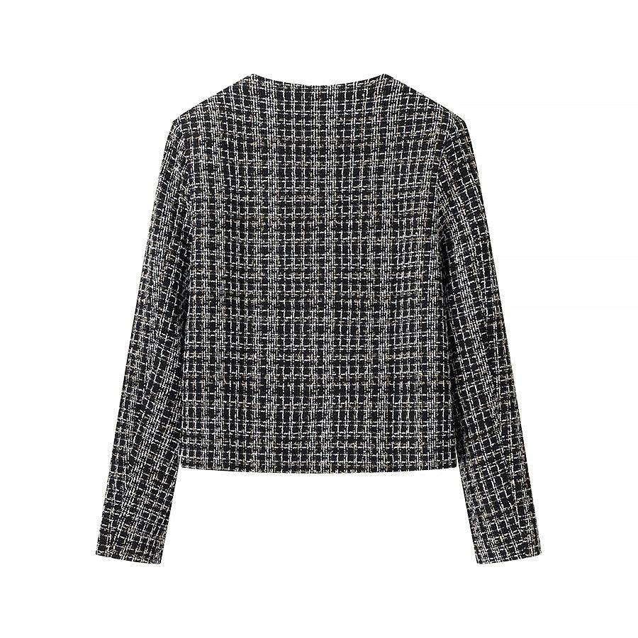 Damen Bouclé-Tweed-Jacke mit Rundhalsausschnitt, goldenen Zierknöpfen und aufgesetzten Taschen Drune