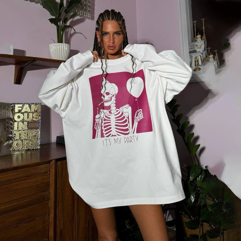 Damen Oversized Sweatshirt mit grafischem Skelettmotiv Drune