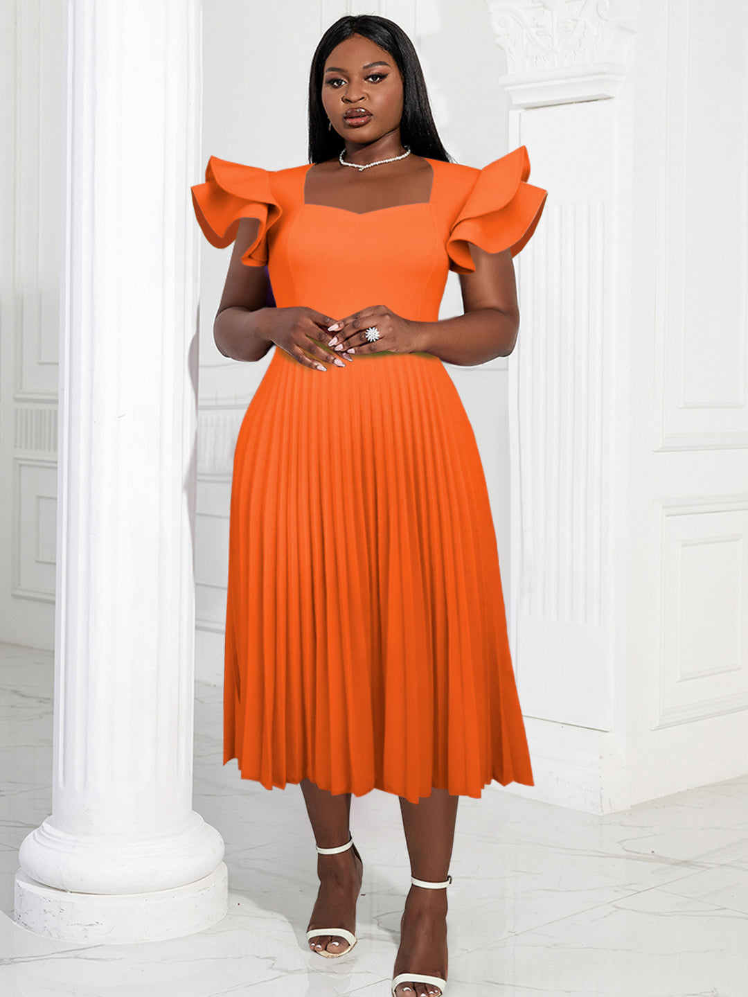 Damen plissiertes Maxikleid mit eleganten Rüschendetails Drune