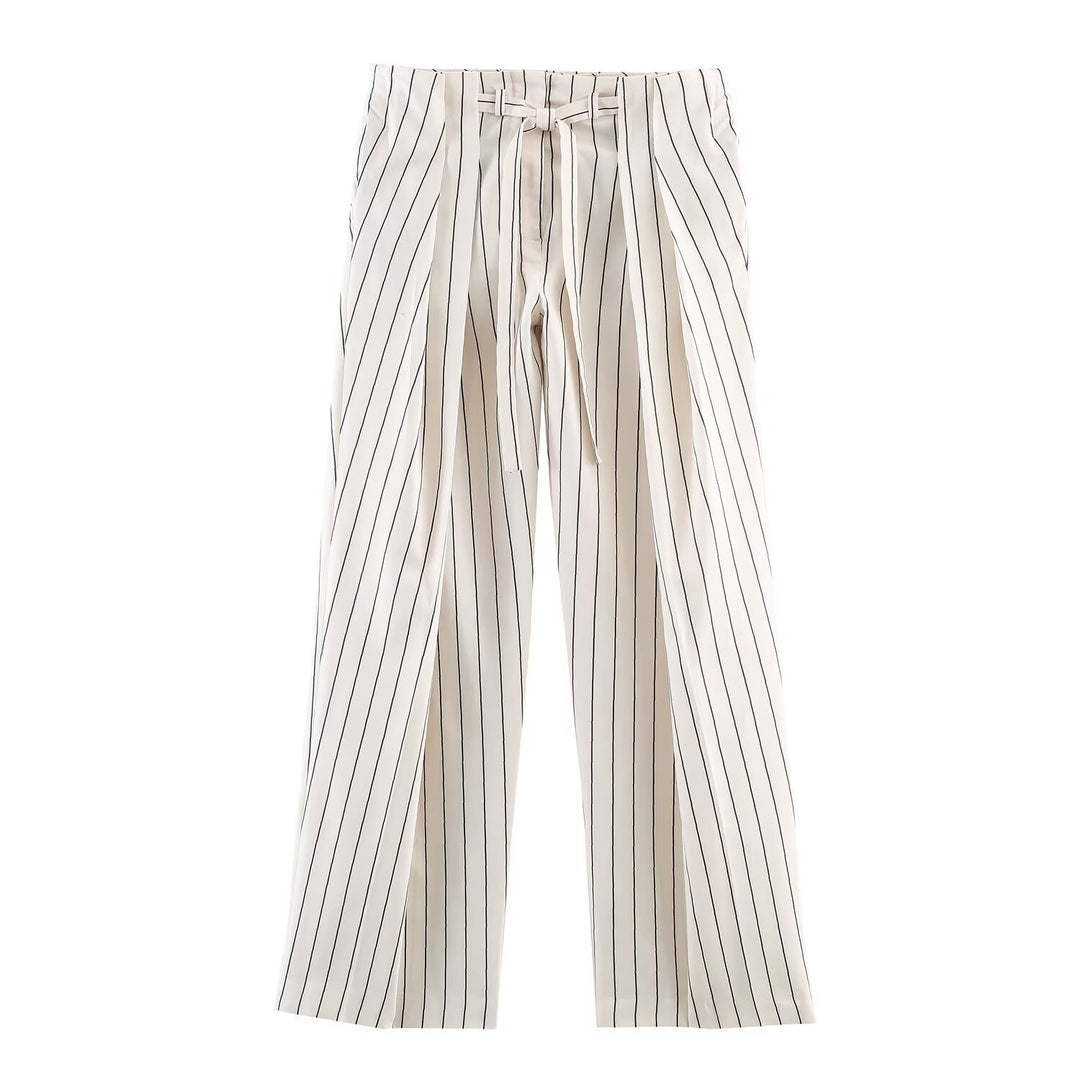 Damen Zweiteiliges Lässiges Nadelstreifen-Set: Stehkragen-Bluse & Weite Highwaist-Hose Drune